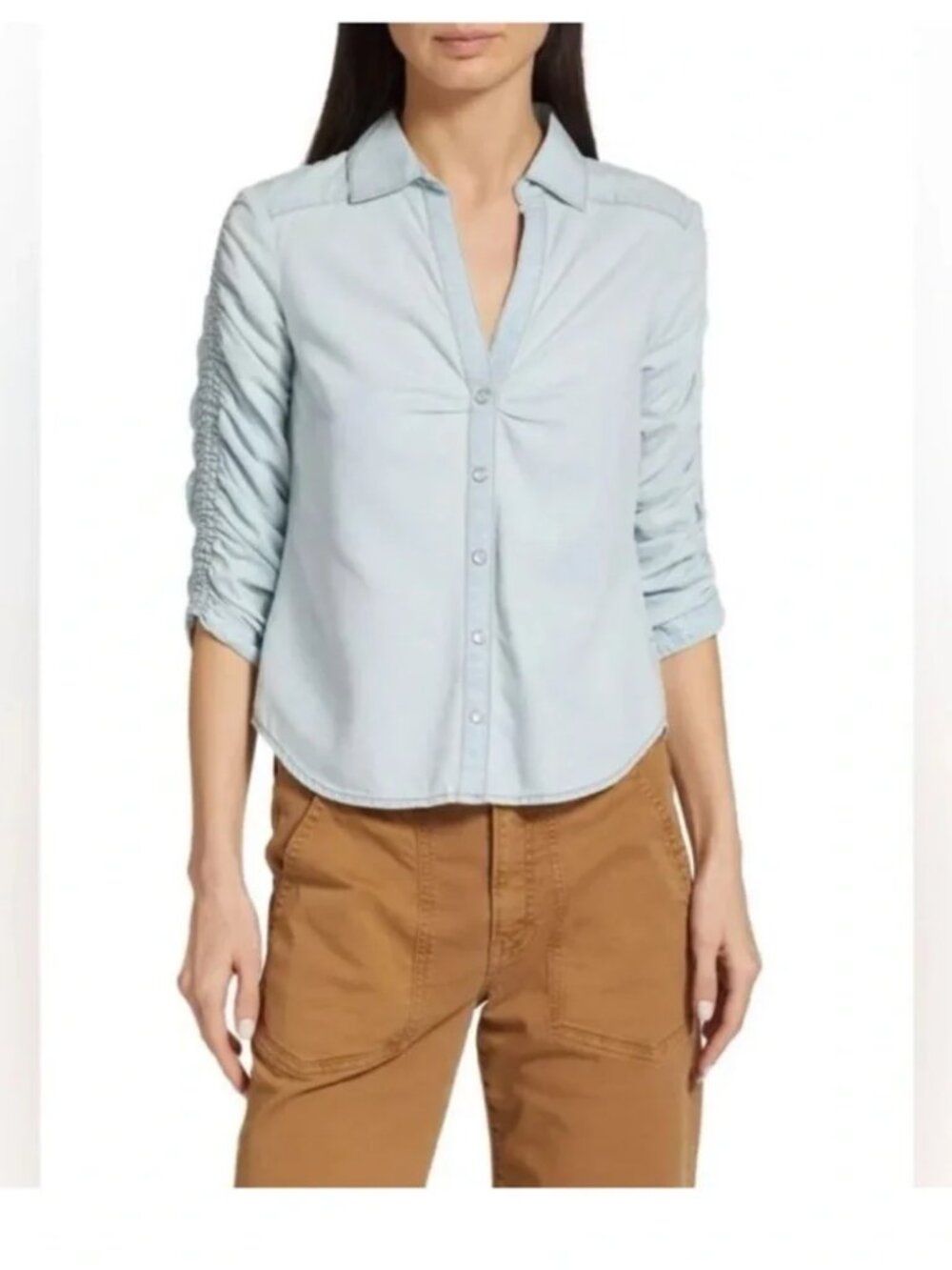 Womens Veronica Beard Glacier Ice Blue (Item-213) Ruched Sleeve Chambray Top 0